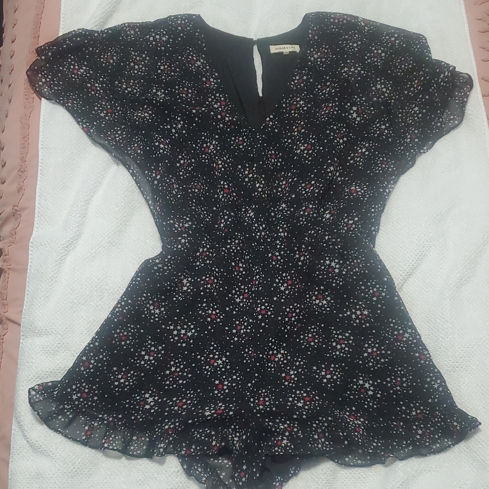 Sugar Black Starprint V-Neck Flutter Sleeve Blouse